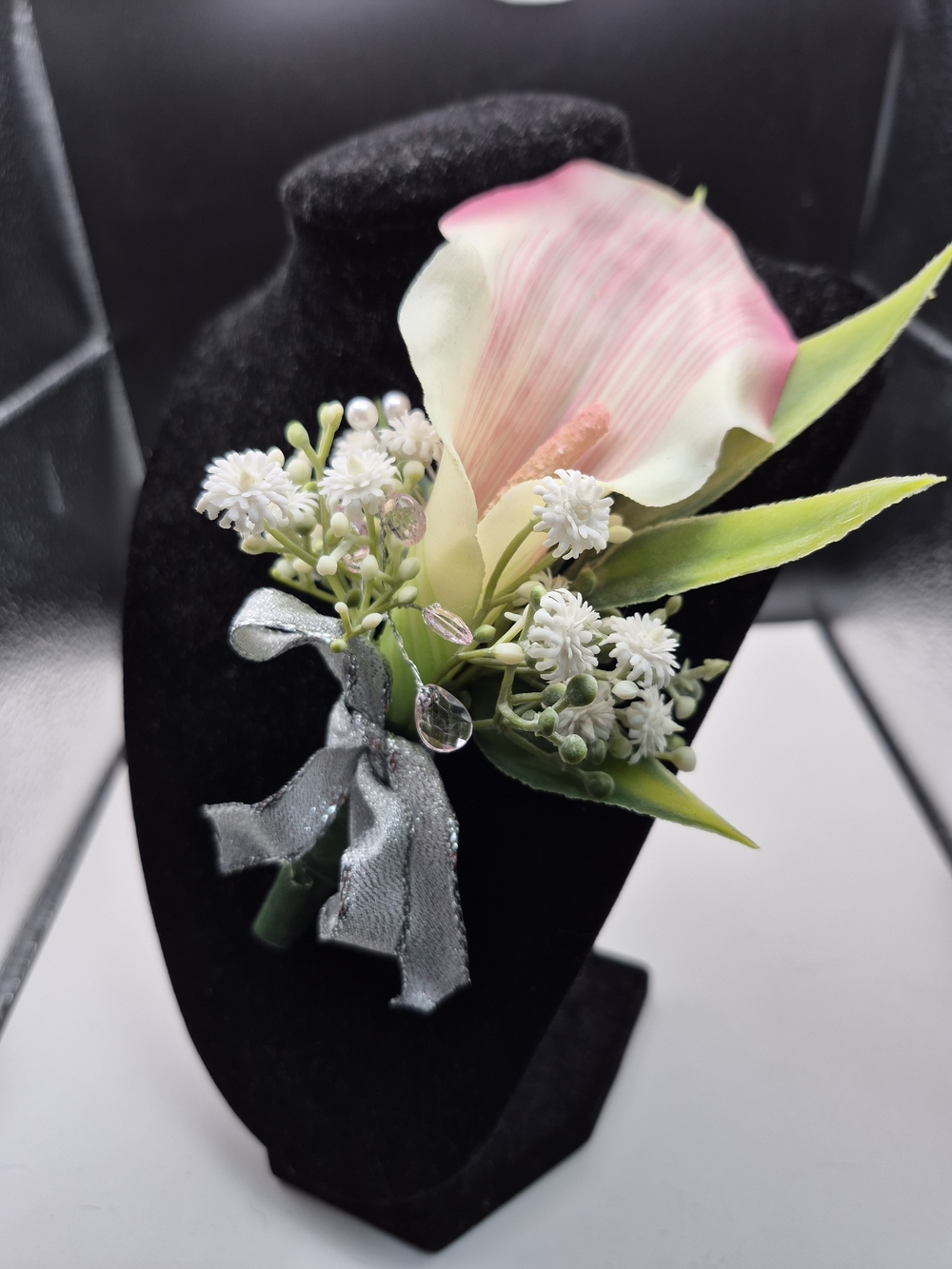 Elegant Pink Calla Lily Boutonniere with Silver Ribbon